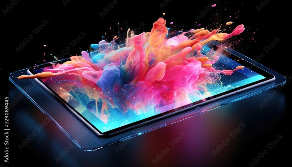 Foreshortening and perspective view of black tablet with abstract and splashing colorful clouds. Vibrant holographic colors explosion coming out of a screen on dark background. Generative AI. - obrazy, fototapety, plakaty 