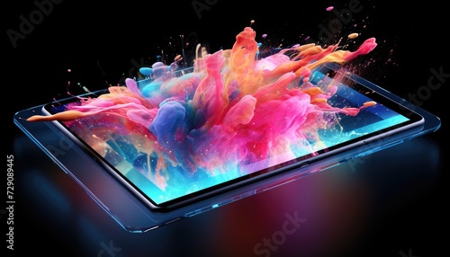 Foreshortening and perspective view of black tablet with abstract and splashing colorful clouds. Vibrant holographic colors explosion coming out of a screen on dark background. Generative AI. photo