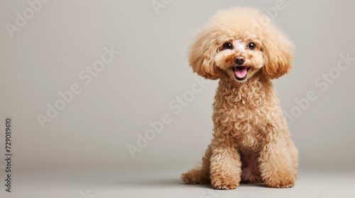 adorable tan poodle with a fluffy coat sitting and looking to the side with its tongue out © MP Studio