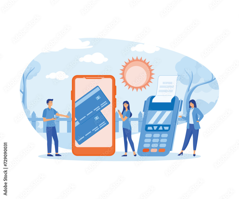Online Payment concept. People paying taxes and debts on the cell phone apps using card.   flat vector modern illustration 