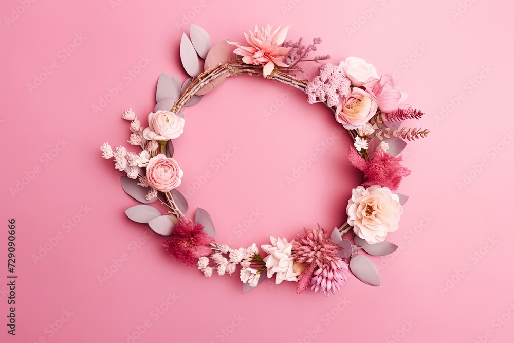 Blooming Tapestry: A Vibrant Floral Wreath Adorns a Delicate Pink Canvas