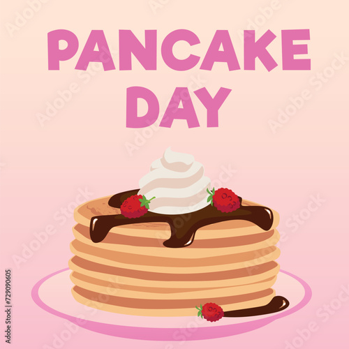 Stack of pancakes with chocolate topping, whipped cream and raspberries on a plate, bakery, Pancake day vector poster