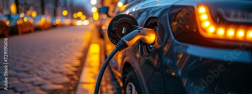 Close-up of an electric car's power connector plugged in, LED lights indicating charging status, focus on the technology. © James Ellis