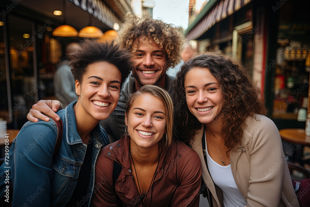 Youthful Collective: Four young adults with their arms around each other, smiling at the camera. Youthful Collective: Four young adults with their arms around each other, smiling at the camera.