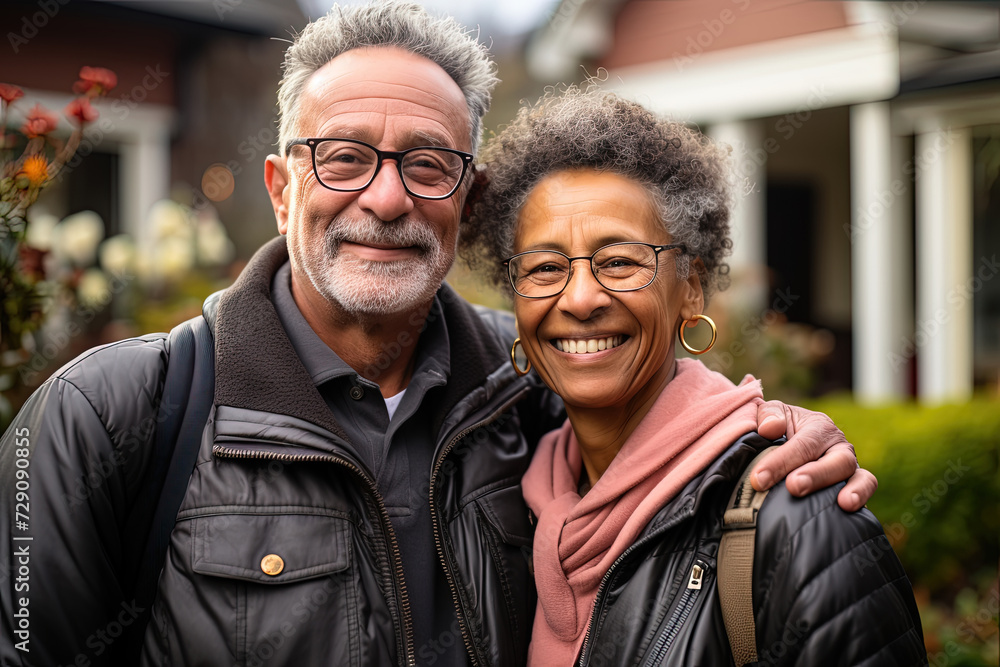 Senior man and woman stand gracefully before their idyllic house, symbolizing love, peace, and a lasting bond. Senior man and woman stand gracefully before their idyllic house, symbolizing love, peace, and a lasting bond.