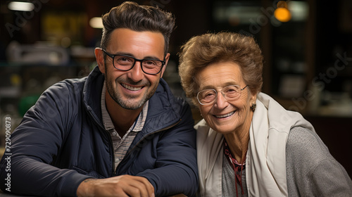 Smiling mature man with glasses poses alongside his gleeful elderly companion, illuminated by the gentle light of the setting sun.