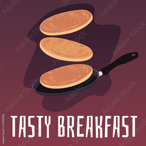 Pancakes toss in the pan, turn the pancake on fly, delicious baking food, sweet dessert, Tasty breakfast vector poster