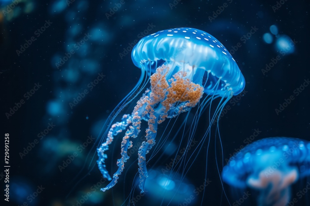 Obraz premium Close-up of a blue jellyfish swimming in the ocean