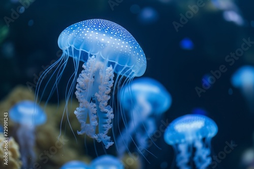 Close-up of a blue jellyfish swimming in the ocean