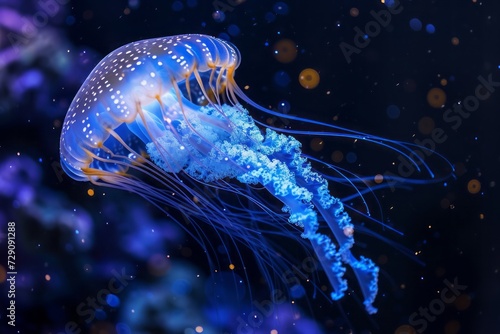 Close-up of a blue jellyfish swimming in the ocean