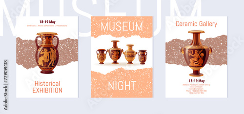International museum night poster. Greek, Roman mythology art. Classic vase on night background in peach fuzz 2024 color. International museum day vector. Antique pattern posters set. Vintage pottery