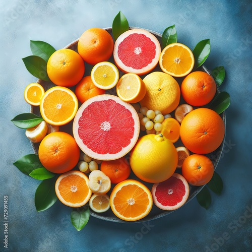 citrus fruits, oranges, grapefruit on a blue background © Denis