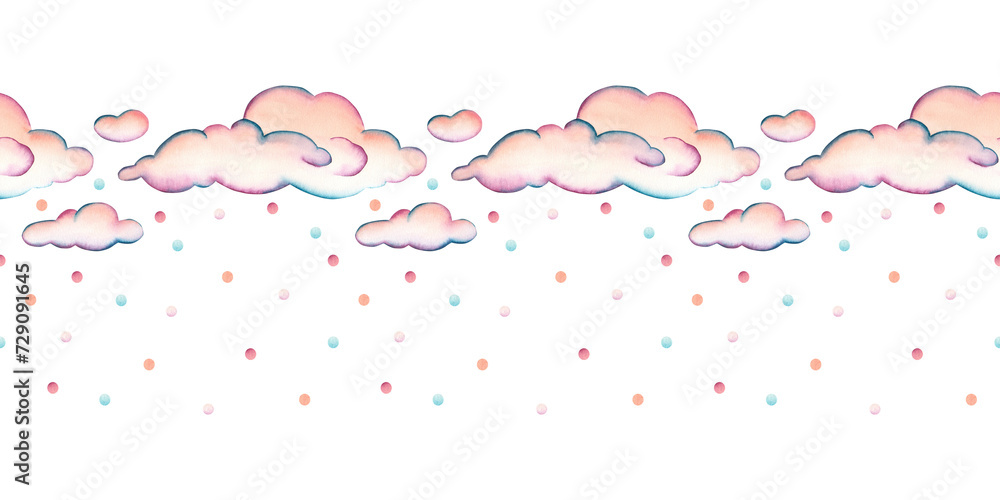 Watercolor seamless banner with pink clouds and multicolored rainbow rain, isolated clipart on a white background. Illustration for the design of children's decor, textiles, wallpaper, gift packaging