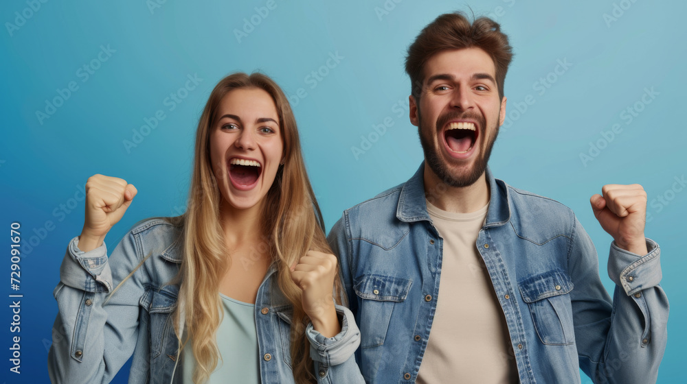 man and a woman are both cheering excitedly with their fists raised, wearing denim jackets, against a blue background man and a woman are both cheering excitedly with their fists raised, wearing denim jackets, against a blue background