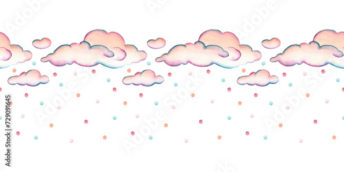 Watercolor seamless banner with pink clouds and multicolored rainbow rain, isolated clipart on a white background. Illustration for the design of children's decor, textiles, wallpaper, gift packaging
