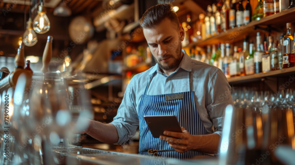 focused bearded man in a blue striped apron using a tablet in a bar setting focused bearded man in a blue striped apron using a tablet in a bar setting
