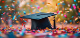Graduation Cap with Confetti Background, Graduation Day Concept