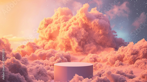 A 3D rendering shows a modest platform against a background of gentle, billowing clouds in peach fuzz color. photo