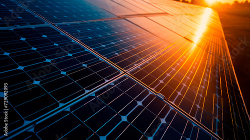 Solar panels reflect the sunset sun, clean energy, alternative energy.