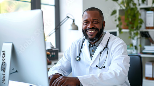 smiling, middle-aged male doctor working on a computer photo