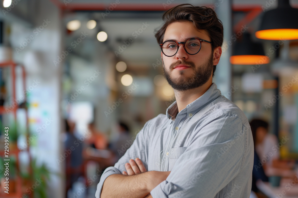 Fototapeta premium An image featuring the Employee of the Month Highlighting their achievements and contributions, Young executive manager in shirt crossing arms on chest and wearing glasses, focused arm crossed man