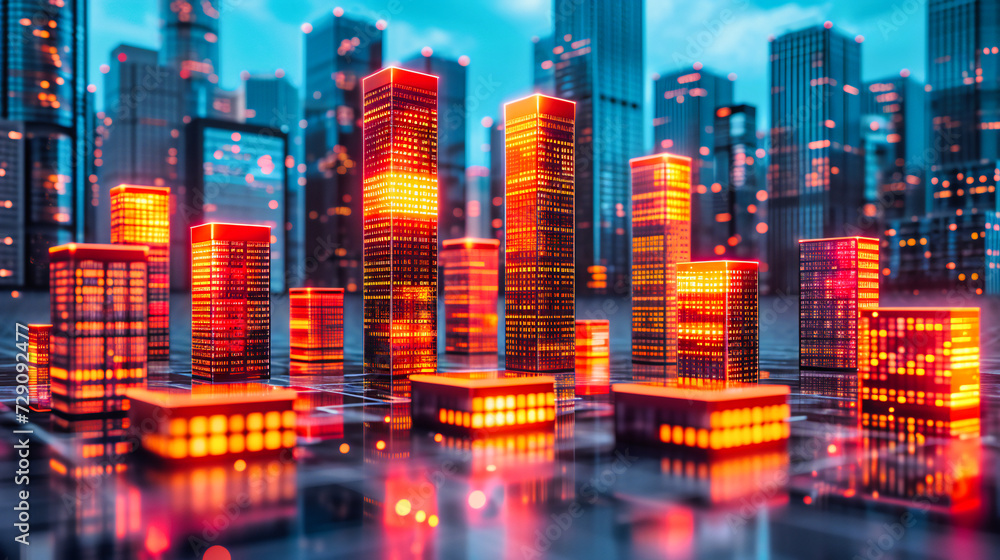 Urban skyscrapers with a futuristic and digital overlay, emphasizing modern architecture and cityscape in a vibrant and technological night setting