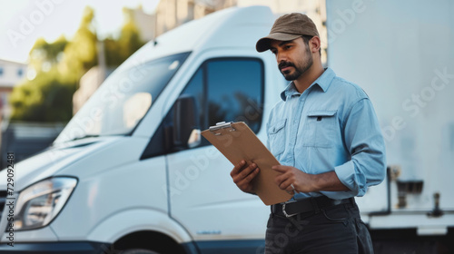 delivery man in a blue shirt and brown cap  holding a clipboard