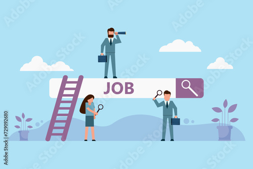Businessman standing on job search bar using binoculars. Employees are looking for new jobs. An employee uses a magnifying glass to search for work on the search bar. Vacancy concept
