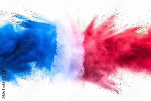 Vibrant tricolored French flag holi paint burst on white backdrop, representing France's culture, sports, and tourism. photo