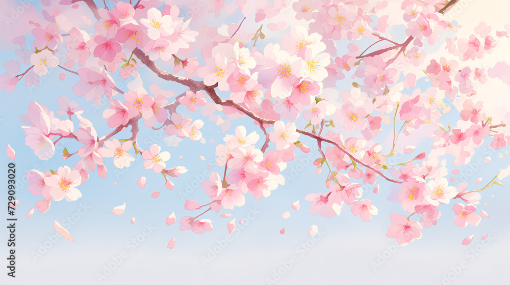 Sakura pink flowers blossoming on branches, watercolor beautiful cherry blossom against background of blue sky, dreamy romantic image spring, for nature landscape backgrounds.