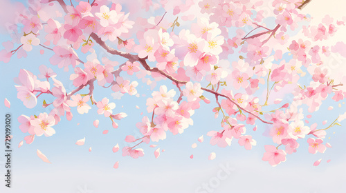 Fototapeta Naklejka Na Ścianę i Meble -  Sakura pink flowers blossoming on branches, watercolor beautiful cherry blossom against background of blue sky, dreamy romantic image spring, for nature landscape backgrounds.