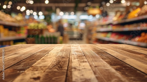 Wooden tabletop over blurred background of supermarket aisle, ideal for product display.