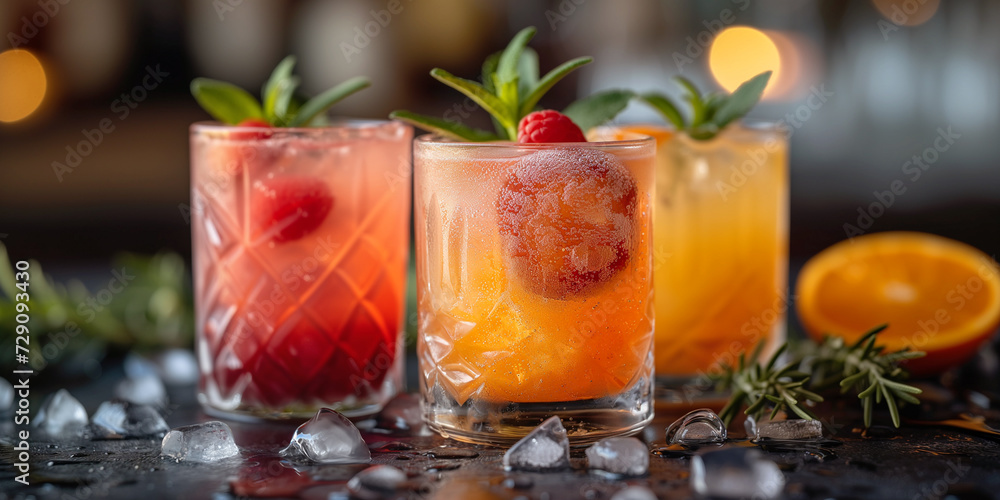 Various cocktails with fruits and spices, ice cube, alcohol drink with juice, wisky and vodka Various cocktails with fruits and spices, ice cube, alcohol drink with juice, wisky and vodka