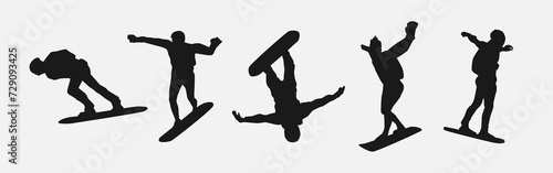 Vector set silhouettes of skysurfing. Extreme sport, sky dive. Isolated on white background.