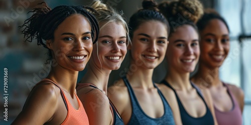 A group of athletic women in a fitness studio, wearing workout gear, smiling and showing their passion for physical activity and wellness.