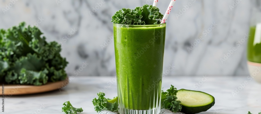 Kale and spinach smoothie in a juice glass with decorative straws, on a marble counter. Kale and spinach smoothie in a juice glass with decorative straws, on a marble counter.