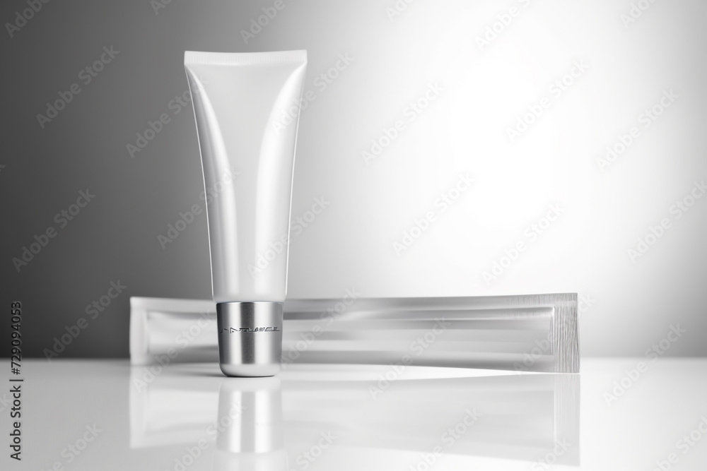 White cream tube mockup template with blank space. Cosmetic packaging, display, branding, for text or design. Generative AI. White cream tube mockup template with blank space. Cosmetic packaging, display, branding, for text or design. Generative AI.