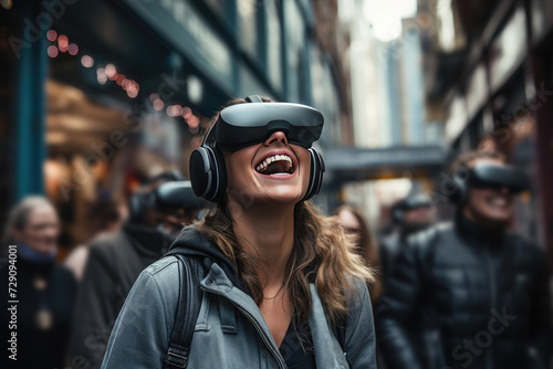 New generation woman walks along a city street among people and using VR headsets to immerse inton ew VR gaming worlds.Smart Glasses. Surreal world and virtual reality
