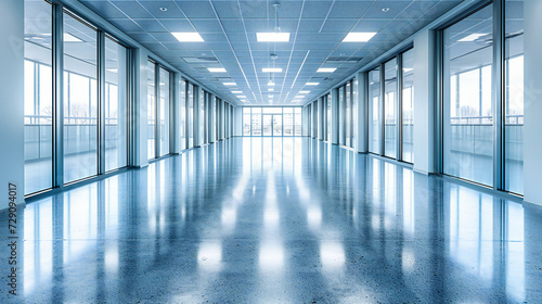 Modern and empty office corridor, featuring clean lines and a minimalist design, illuminated by natural light, creating a spacious and contemporary business environment
