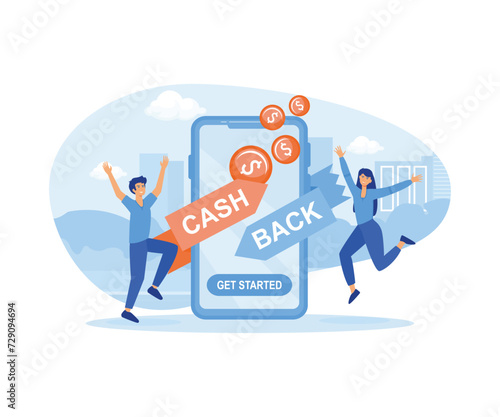 Online cash back or money refund concept. Happy people receiving cash back for shopping.  flat vector modern illustration 