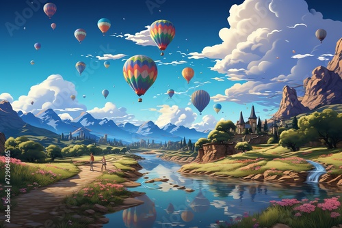 A real sky filled with floating islands and hot air balloons 