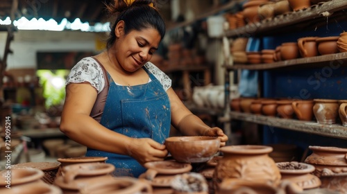 Young hispanic woman working in ceramic business and producing pottery items. Small business and entrepreneurship in art in Mexico Latin America photo