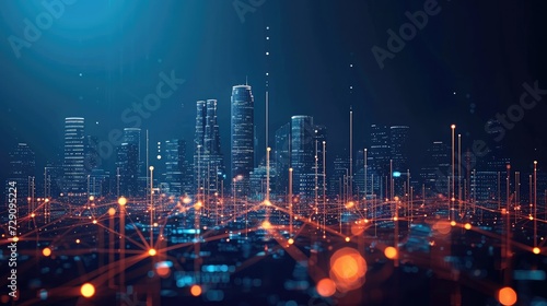 Abstract futuristic night city with dots and line connection. Concept for IOT  smart city  speed connection and intelligent network.