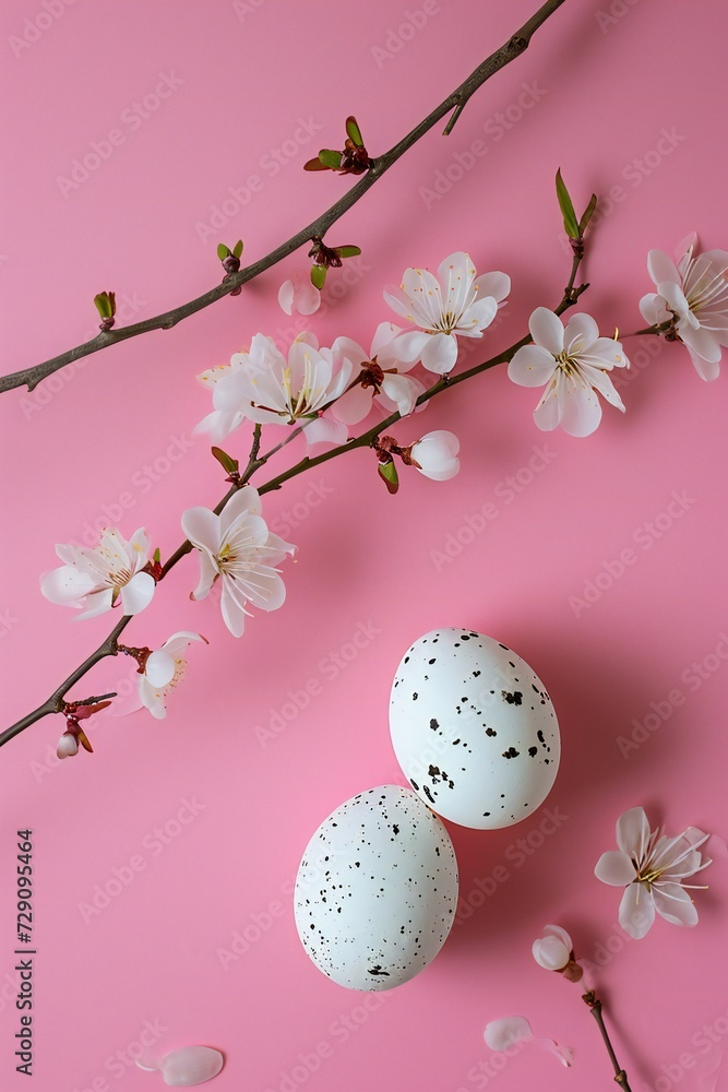 Easter eggs and branches on a pink background Easter minimalistic modern greeting card template, vertical Easter eggs and branches on a pink background Easter minimalistic modern greeting card template, vertical