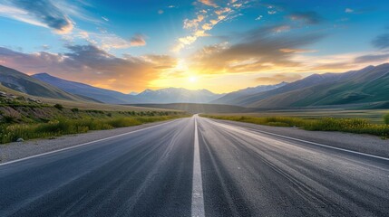 Asphalt highway road and mountain natural scenery at sunrise. panoramic view.
