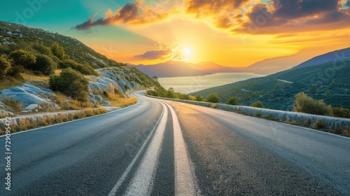 Asphalt highway road and mountain natural scenery at sunrise. panoramic view. photo