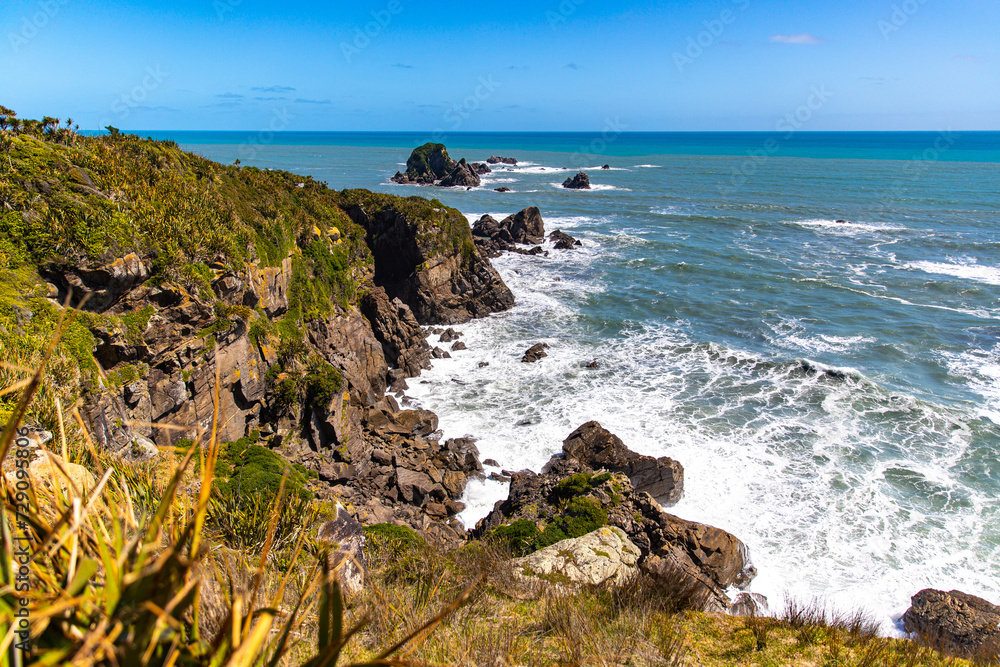 unique landscape of cape foulwind on the west coast of new zealand south island; scenic little bays with large cliffs and rocky islands; cape foulwind walkaway near westport