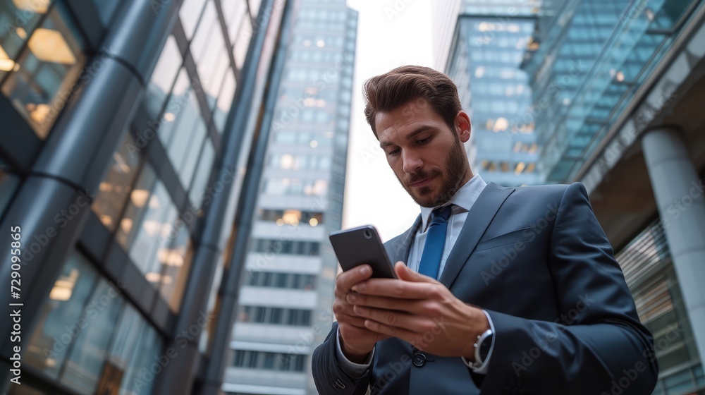Businessman using mobile phone app texting outside of office in urban city with skyscrapers buildings in the background. Young caucasian man holding smartphone for business work. Businessman using mobile phone app texting outside of office in urban city with skyscrapers buildings in the background. Young caucasian man holding smartphone for business work.