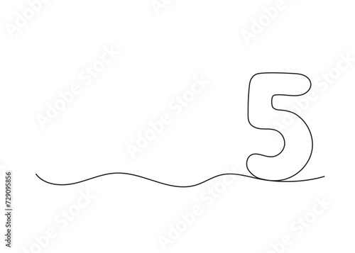 Number five, continuous one line drawing. Black hand drawn single minimalist line isolated number. Vector line figure