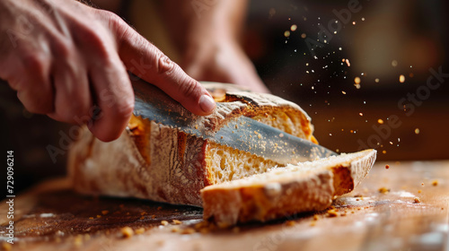 person's hands are seen slicing a loaf of bread on a wooden cutting board, with bread crumbs scattering around